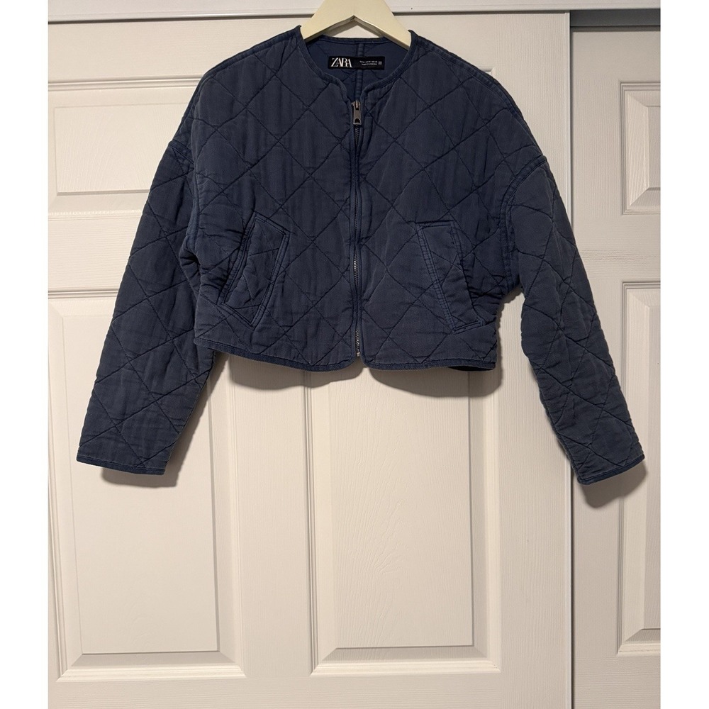 Zara Quilted Jacket Blue Cropped Utilitarian Copenhagen Gorpcore Military - Picture 2 of 9